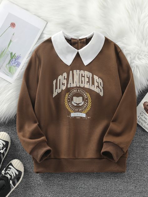 Coffee Brown Casual Collar Long Sleeve Fabric Letter Pullovers Embellished Slight Stretch  Girls Clothing Summer Budget, Form Outfits, Euphoria Clothing, Dress Western, Outfit Oversize, Girls Sweatshirts, Shein Kids, Trendy Hoodies, Modesty Fashion