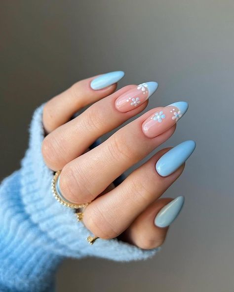 Nail Ideas Short Almond French Tip, Korean Nail Designs, Light Blue Nail, Light Blue Nail Designs, Cute Easy Nail Designs, Cute Almond Nails, Rave Nails, Different Color Nails, Pastel Nails Designs