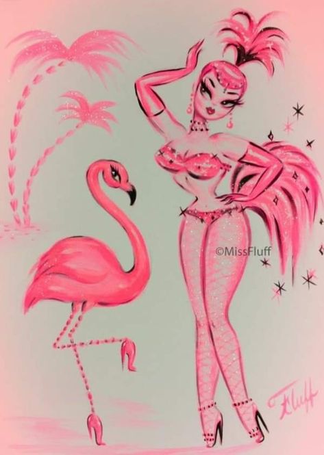 Flamingo Showgirl, Costume Poses, Flamingo Tattoo, Palm Springs Art, Miss Fluff, Vintage Burlesque, Mode Prints, Pinup Art, Vintage Inspired Art