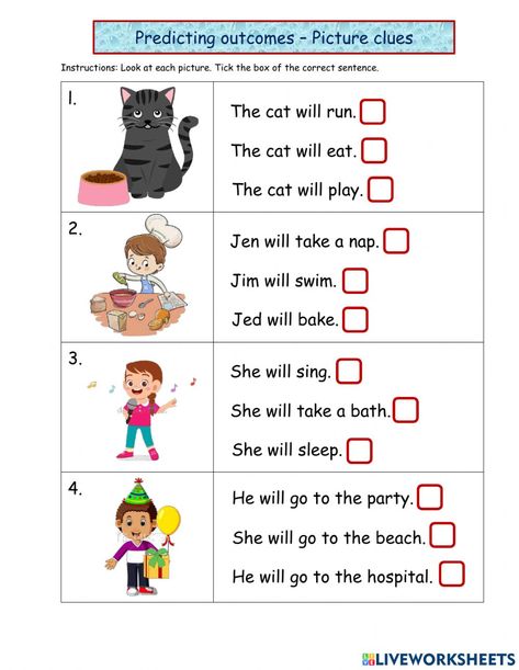 Predicting Outcomes Worksheet For Grade 2, Put The Story In Order Worksheet, Predicting Outcomes Worksheet, Prediction Worksheet, Sentence Comprehension, Inferencing Activities, Picture Clues, Family Worksheet, English Activities For Kids