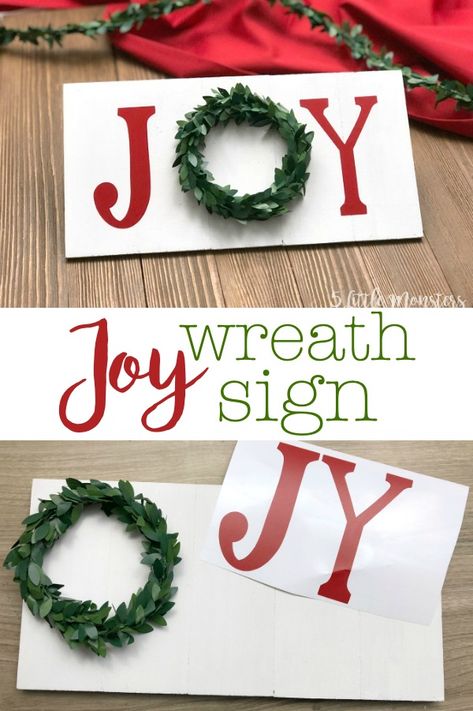 Joy Wreath Sign made with a wooden sign, vinyl letters, and a miniature wreath Joy Signs Wooden, Unique Wreaths, Joy Wreath, Joy Sign, Wreath Signs, Homemade Stuff, Christmas Crafts For Kids To Make, Christmas Vinyl, Christmas Stocking Pattern