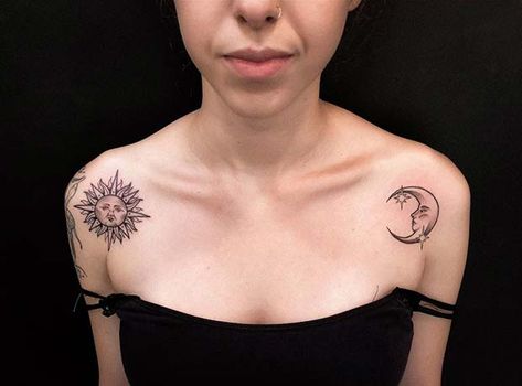 Chest Tattoo Sun And Moon, Sun And Moon On Shoulder Tattoo, Moon And Sun Tattoo Shoulder, Sun And Moon Shoulder Tattoos For Women, Sun And Moon Collar Bone Tattoo, Sun And Moon Tattoo Shoulder, Sun And Moon Chest Tattoo, Sun And Moon Shoulder Tattoo, Sun And Moon Tattoo Ideas