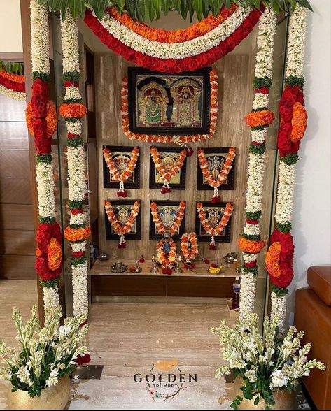 Indian Pooja Room, Pooja Room Door, Door Flower Decoration, Pooja Door, Pooja Door Design, Home Flower Decor, House Outer Design, Housewarming Decorations, Temple Design For Home