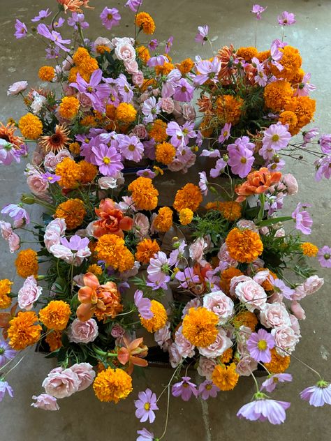 Pink Purple Orange Color Palette Wedding, Purple And Orange Tablescapes, Purple Orange Green Bouquet, Pink Orange Purple Bouquet, Lilac And Orange Colour Palette, Cosmos And Marigold Bouquet, Lavender In Bouquet, Purple Pink Orange Wedding Flowers, Purple Green And Orange Wedding