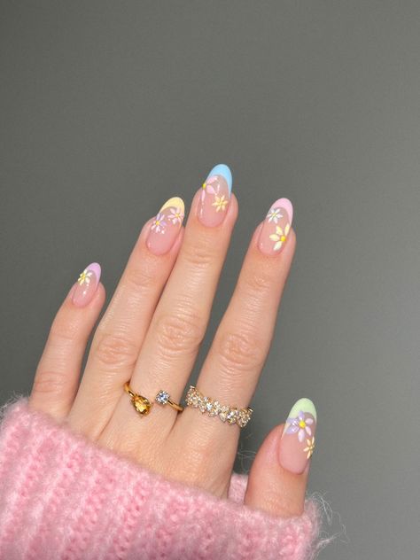 #spring #flowers #nails #nailart #frenchtip #frenchnails #rainbownails #flowernails #floralnails #pastelnails #easter #easternails #pinknails #bluenails #purplenails #jewelry Easy Pride Nails, Spring Flower Nails, Rainbow French, Pink Tip Nails, Pride Nails, Pastel Nail Art, Pastel Nails Designs, Pink Ombre Nails, Fall Nail Art Designs