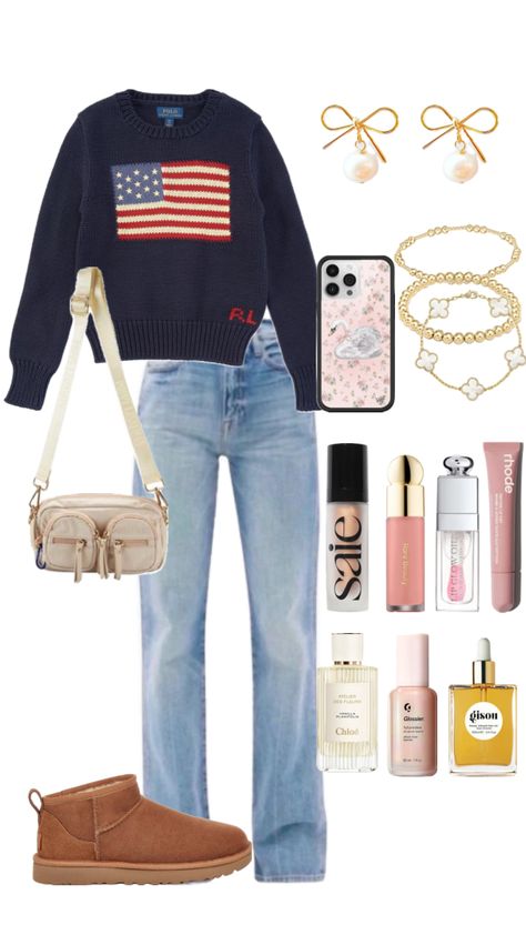 cute american flag sweater outfit #outfit #outfitinspo #fyp #fallaesthetic #fall #winter #costalgranddaughter #costal #ralphlauren #uggs #jeans #makeup #skincare American Flag Sweater Outfit, Flag Sweater Outfit, Flag Sweater, American Flag Sweater, Sweater Outfit, Winter Fits, Dressed To Kill, Makeup Skincare, Preppy Outfits