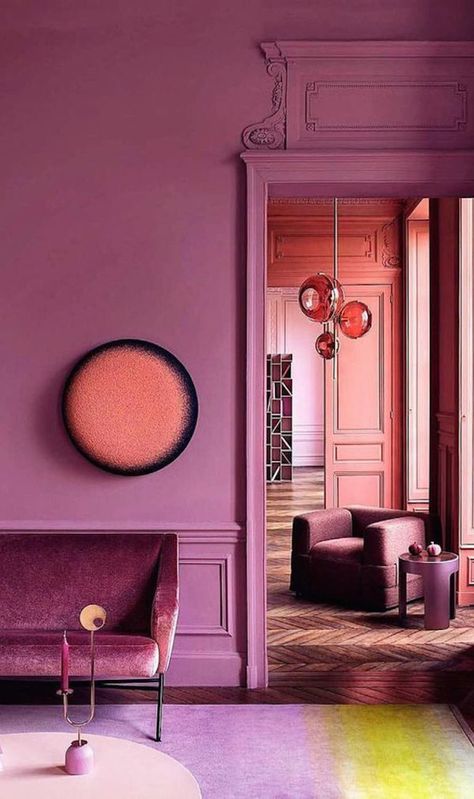 The entire room gives off the vibe of everything being tinted pink, creating harmony in the entire room. Color Aesthetic, Purple Interior, Purple Walls, Color Harmony, Pink Interior, Boho Interior, A Living Room, Pink Walls, Colour Schemes