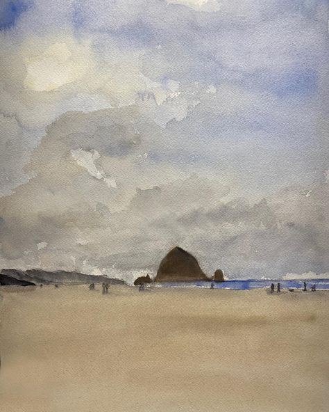 The second watercolor I shipped today... a 12x16 Cannon Beach original #haystackrock #beachwatercolor #pnwartist Rolling Hills Painting, Watercolor Painting Abstract, Haystack Rock, Minimalist Landscape, Beach Watercolor, Watercolor Landscape Paintings, House Portraits, Cannon Beach, Beach Painting