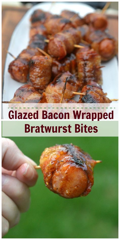 Bacon Wrapped Bratwurst Bratwurst Bites Recipes, Bacon Wrapped Brat Bites, Bratwurst Appetizer Bites, Smoked Bratwurst Recipes, Bacon Wrapped Sausage Bites, Bratwurst Appetizer Recipes, Bratwurst Appetizers, Meals With Bratwurst, Bacon Wrapped Brats In Oven