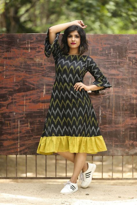 Black Ikat Zig Zag Ruffled Dress Western Dresses For Women Casual, Casual Frocks For Women, Frocks For Women Knee Length, Frocks For Women, Indo Western Dresses For Women, Indo Western Dresses, Frock Models, Frocks And Gowns, Simple Frock Design