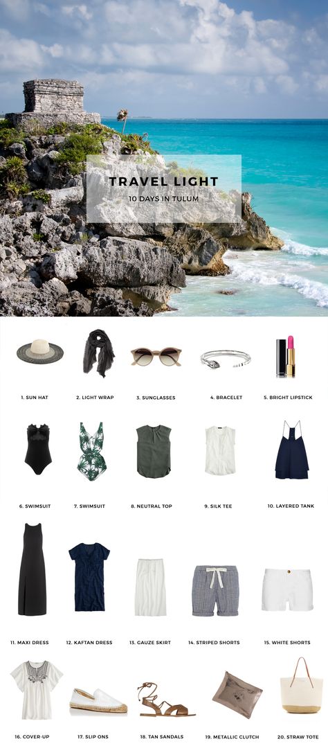 Travel Light, Pack for Tulum #metropolitanshuttle #silverspringmd #rentalservices Beach Capsule Wardrobe, Travel Light Packing, Travel Packing Outfits, Beach Vacation Packing, Travel Capsule, Travel Outfit Summer, Vacation Packing, Mexico Vacation, Tulum Mexico