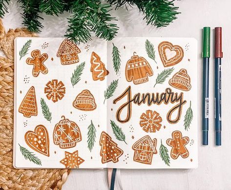 Gingerbread Bujo Theme, Cozy Bujo Theme, Gingerbread Bullet Journal, January Bujo Ideas, Winter Bullet Journal Theme, December Bujo Theme, January Bujo Theme, December Bujo Cover Page, January Journal Ideas