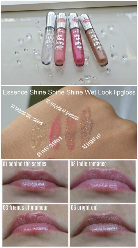 Beautiful Essence Shine Shine Shine Wet Look lipglosses❤️  01 behind the scenes, 08 indie romance, 03 friends of glamour, 06 bright on!.  via @beautybymissl Essence Shine Shine Shine Lipgloss, Essence Gloss, Essence Lipgloss, Essence Lip Gloss, Indie Romance, Essence Products, Single Door Cabinet, Lipgloss Swatches, Boho Mama