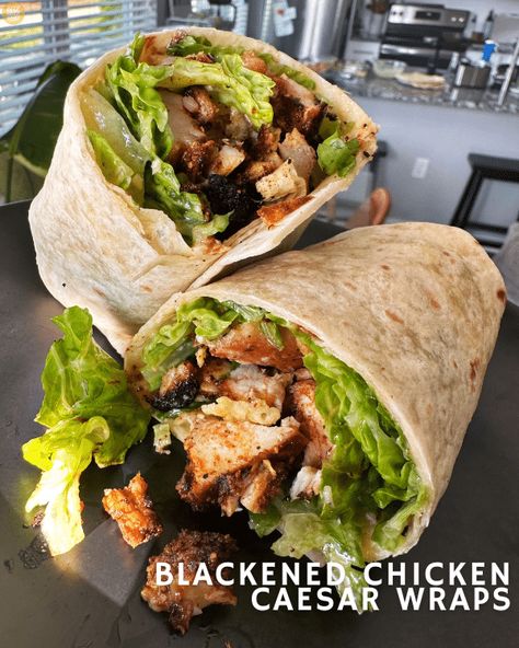 Blackened Chicken Caesar Wraps Healthy Chicken Caesar Salad Wrap, Cajun Chicken Ceaser Wraps, Blackened Chicken Wrap Recipe, Grilled Chicken Ceaser Wraps, High Protein Chicken Caesar Wrap, Blackened Chicken Meals, Blackened Chicken Dinner Ideas, Blackened Chicken Caesar Salad, Blackened Chicken Wrap