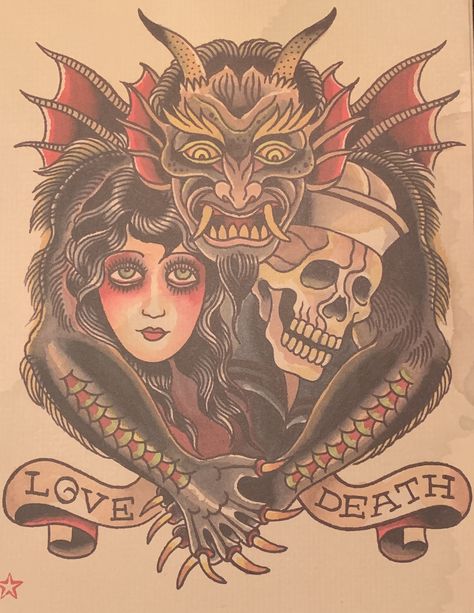 American Traditional Script Tattoo, Sailor Jerry Tattoo, Backpiece Tattoo, Traditional Tattoo Flash Art, Traditional Tattoo Old School, Monster Tattoo, Vintage Tattoo Design, Grim Reaper Tattoo, Aztec Tattoo Designs