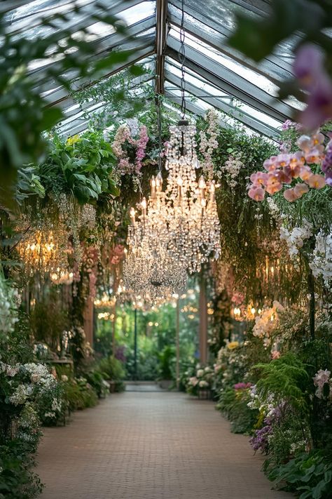 Lush floral archway with chandeliers. Unleash your inner florist with wild and whimsical floral wedding ideas that will make your special day bloom like never before. Plant Filled Wedding, Whimsical Glam Wedding, Flower Garden Wedding Ideas, Floral Meadow Wedding, Fairy Garden Wedding Ideas, Secret Garden Wedding Theme, Greenhouse Wedding Ceremony, Dreamy Wedding Decor, Whimsical Floral Wedding