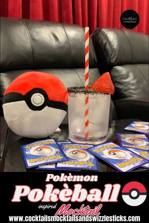 this image shows a clear drink with a black rim with a red strawberry garnish and a red striped straw with a standard Poke ball plush next to it and pokemon cards scattered in front of it set in a home theater. Themed Alcoholic Drinks, Pokemon Themed Party, Aurora Wedding, Birthday Drinks, Gotta Catch Them All, Themed Drinks, Half Birthday, Pokemon Party, Alcoholic Drink