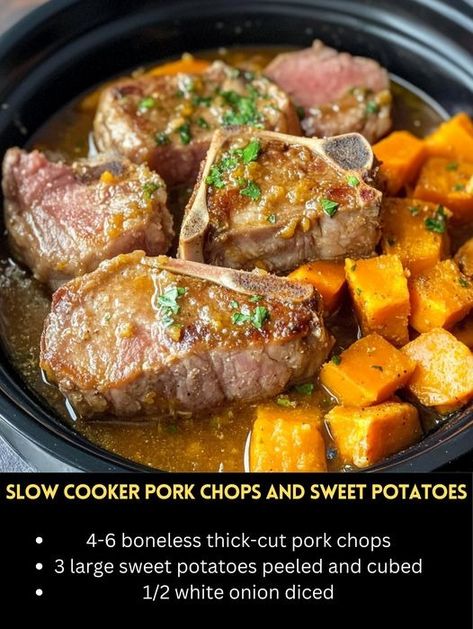 DUMP CHEAP MEAL - Slow Cooker Pork Chops and Sweet Potatoes Prep... | Facebook Pork Chop Dump Meals, Pork Chop And Sweet Potato Crockpot, Crockpot Pork Chops And Sweet Potatoes, Slow Cooker Pork Chops With Sweet Potatoes, Sweet Potato Pork Chops, Pork Chops And Sweet Potatoes Crock Pots, Pork Chop Crock Pot Recipes, Pork Chops And Sweet Potatoes, Butternut Squash Crockpot