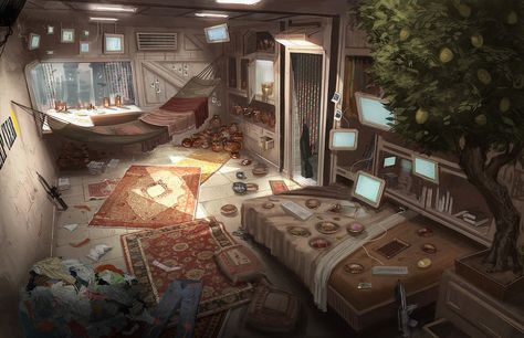 Can you help me find more images of cyberpunk living spaces. Here's an example of what kind of thing I'm looking for. Cyberpunk Interior, Cyberpunk Room, Concept Art Landscape, Interior Concept Art, Sf Wallpaper, Art Cyberpunk, Spaceship Interior, Sci Fi Environment, Cyberpunk City