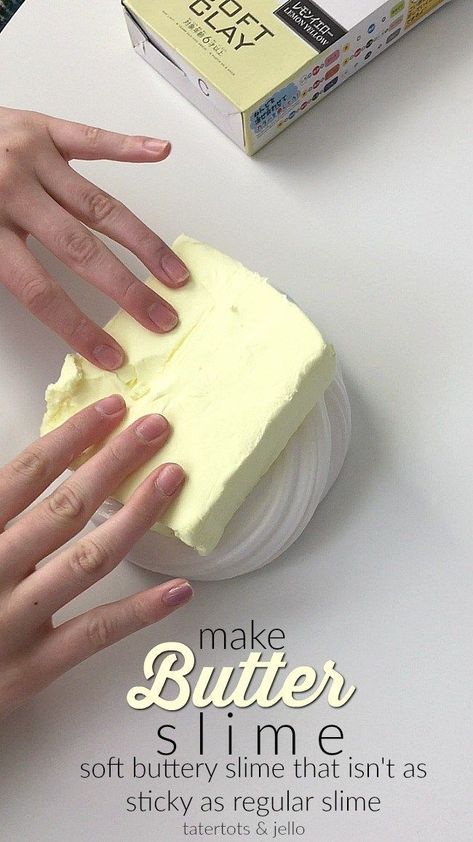 Make 3-ingredient Butter Slime, It's slime with a softer, buttery consistency. Your kids will love making and playing with Butter Slime! Butter Slime Without Clay, Butter Slime Recipe, Best Fluffy Slime Recipe, Edible Slime Recipe, Diy Butter, Cool Slime Recipes, Fluffy Slime Recipe, Slime Ingredients, Make Butter