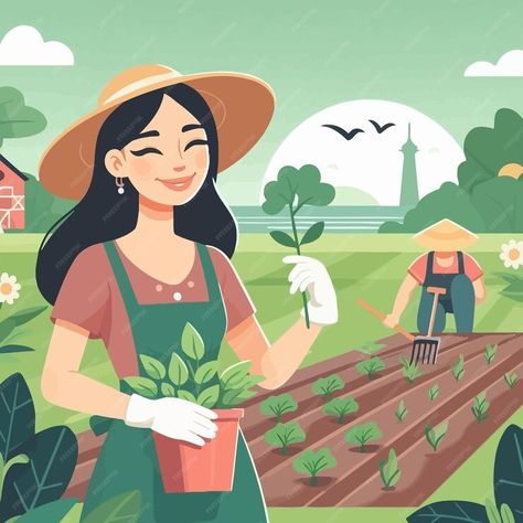 Premium Vector | A woman in a garden with a woman holding a plant and a farm house in the background Farm Vector, Greenhouse Farming, Farmer Wife, Farm Design, Plant Illustration, Farm Gardens, Drawing People, Flower Drawing, Ecology