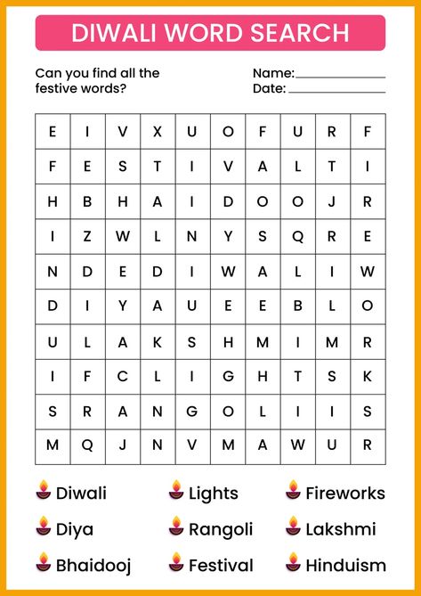 A Diwali word search is a word puzzle where you find and circle or mark all the hidden words within the grid. The words can be oriented in various directions, including horizontally, vertically, diagonally, forwards, and backwards, making the puzzle more challenging and engaging. Diwali word searches serve as a fun and educational activity during Diwali celebrations, especially for children. Download this Diwali word search exclusively from theprintables.in. Diwali Word Scramble, Diwali Games, Teachers Illustration, Diwali Activities, Free Word Search, Anniversary Cards Handmade, Word Puzzle, Hidden Words, Diwali Party