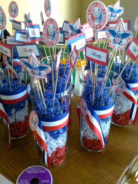 Eagle Scout Ceremony Centerpieces, Scout Centerpiece Ideas, Eagle Scout Party Ideas, Eagle Court Of Honor Centerpieces, Eagle Scout Court Of Honor Centerpieces, Court Of Honor Centerpieces, Eagle Scout Centerpieces, Scout Decorations, Ceremony Centerpieces