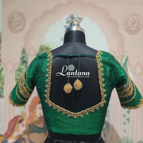 Elegant Green Embroidery Blouse with Cutdana and Golden Beads Transform your wardrobe with this stunning green blouse featuring intricate embroidery and a chic design. Adorned with cutdana, sequence, and golden beads, it also boasts a vibrant orange thread work neckline. @lantanaboutiquebangalore Marathahalli, Bangalore #bridalembroidery #embroidery #embroiderydesign #blousedesigns #greenblouse #orangethreadwork #threadwork #cutdana #neckline #beads #goldenbeads #sequense #lantanaboutique... Golden Thread Work Blouse Designs, Green Embroidery Blouse, Green Embroidery, Golden Beads, Embroidery Neck Designs, Intricate Embroidery, Blouse Work Designs, Embroidery Blouse, Thread Work