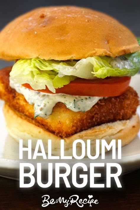 Halloumi Burger Recipe - Be My Recipe Halloumi Recipes, Halloumi Burger, Meze Platter, Chunky Chips, Best Burger Recipe, Burger Night, Burger Toppings, Veggie Food, Veggie Burgers