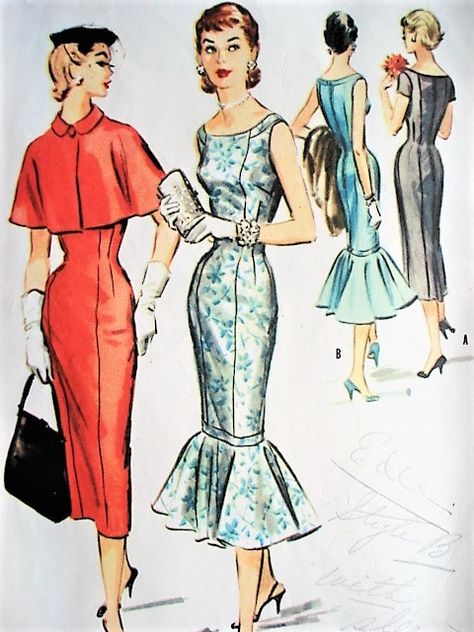 1950s STUNNING Cocktail Party Dress and Cape Pattern McCALLS 3615 Two Lovely Styles Slim or Fishtail Hem Bust 32 Vintage Sewing Pattern FACTORY FOLDED Fish Tail Dress, 1950 Vintage Dresses, Gown Patterns, 50s Glamour, Vintage Clothes Patterns, 1950s Party, Cape Pattern, Gown Pattern, Vintage Dress Patterns