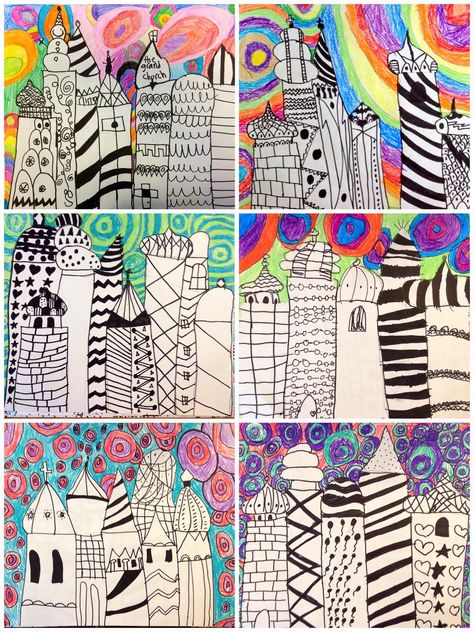 2nd Grade Russian Architecture  Exploring Art: Elementary Art Grade School Art Projects, Line Art Projects, Art Elementary, Primary School Art, Elementary Art Rooms, 2nd Grade Art, Russian Architecture, 3rd Grade Art, Classroom Art Projects