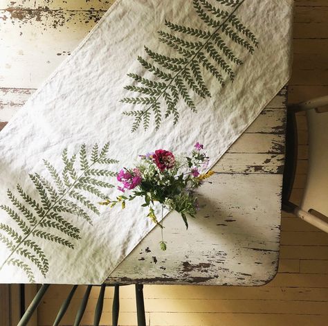 Fern Print Table Runner. Rustic Table Linens. Nature Print. | Etsy Eco Printing Tutorial, Seed Illustration, Short Table Runner, Short Table, Hand Painted Table, Hand Printed Textiles, Garland Backdrops, Printed Table Runner, Fabric Banner