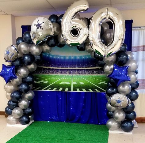 Dallas cowboys balloon arch Dallas Cowboys 30th Birthday Party, Dallas Cowboys Bday Party, Cowboys Decoration Ideas, Dallas Cowboy Backdrop Ideas, Cowboys Theme Party Dallas, Dallas Cowboys 50th Birthday Party, Cowboys Birthday Party Football, Dallas Cowboy Theme Party, Dallas Cowboy Centerpieces Ideas