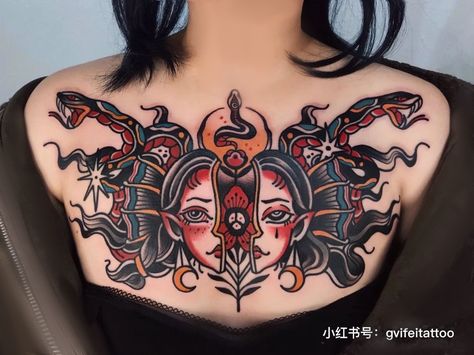 American Traditional Tattoos Chest Women, Women’s Traditional Chest Tattoo, Stomach American Traditional Tattoos, Female Chest Tattoo Traditional, Traditional Style Woman Tattoo, Women Chest Tattoo Traditional, Neck Tattoos Women Traditional, Traditional Back Tattoos For Women, Traditional Tattoo Chest Piece Women