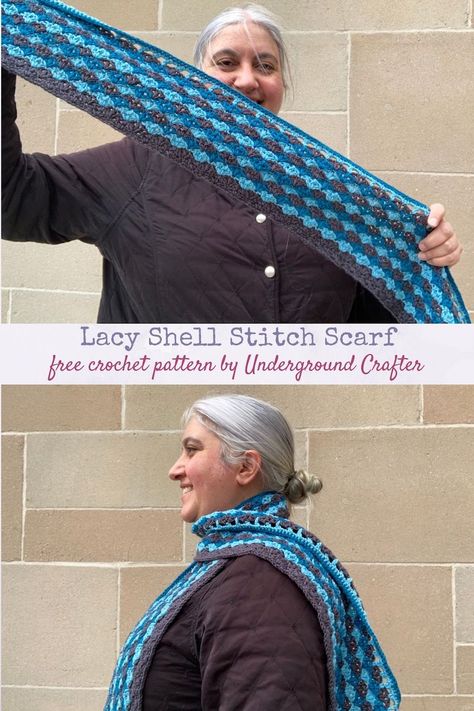 The Lacy Crochet Shell Stitch Scarf Pattern is a beginner-friendly project in King Cole Luxury Merino DK yarn by Underground Crafter filled with tips and tutorials for making colorwork easy! This is part of the #scarfofthemonth CAL with Oombawka Design and The Stitchin' Mommy. Quick Crochet Scarf, Shell Stitch Scarf, Mermaid Tail Blanket Pattern, Mermaid Tail Blanket Crochet, Crochet Plant Hanger, Crochet Mermaid Tail, Lacy Crochet, Crochet Shell, Granny Pattern