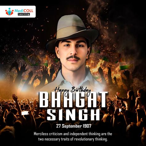 May the legacy of Bhagat Singh inspire us to be courageous and stand up for what is right.

"We become pitiable and ridiculous when we imbibe an unreasoned mysticism in our life, forgetting that it is the intellect which is the source of all our progress.” – Bhagat Singh

#MediCOLL #BhagatSingh #Freedomfighter #Birthday #BirthAnniversary #SaluteToALegend #BhagatSingh #bhagatsinghjayanti #bhagatsinghbirthday Happy Birthday Bhagat Singh, Bhagatsingh Birthday, Bhagat Singh Birthday, Gandhi Jayanti Quotes, Bhagat Singh Wallpapers, यूट्यूब लोगो, Lord Shiva Stories, Meldi Ma Hd Photo, Diwali Poster