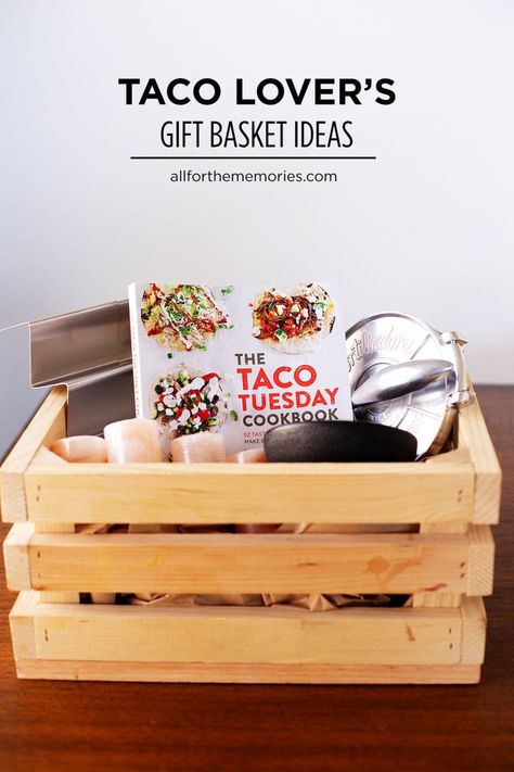 Easy gift basket idea for taco lovers to fit any holiday budget. Taco Themed Gifts, Taco Night Basket Ideas, Taco Themed Gift Basket, Taco Gift Basket, Taco Night Gift Basket, Taco Gift Basket Ideas, Hommade Gifts, Easy Gift Baskets, Auction Gift Basket Ideas