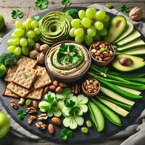 8 St. Patrick's Day Charcuterie Board Ideas Pickle Themed Birthday Party, Green Charcuterie Board, St Patrick's Day Charcuterie Board, Guacamole Chips, Colour Party, Wasabi Peas, Assorted Nuts, White Chocolate Bark, Charcuterie Board Ideas