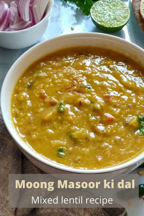 This Indian lentil recipe-Moong masoor ki dal is a very tasty and light mixed lentil dish made using split-skinned mung bean and red lentil. It can be served with rice as well as roti. #indianlentilrecipe #simplelentilrecipe #easyindianlentilrecipe Moong Masoor Dal Recipe, Easy Dahl Recipe, Meatless Monday Meals, Lentil Recipes Indian, Lentil Recipes Easy, Monday Meals, Dahl Recipe, Lentil Recipe, Dal Recipes