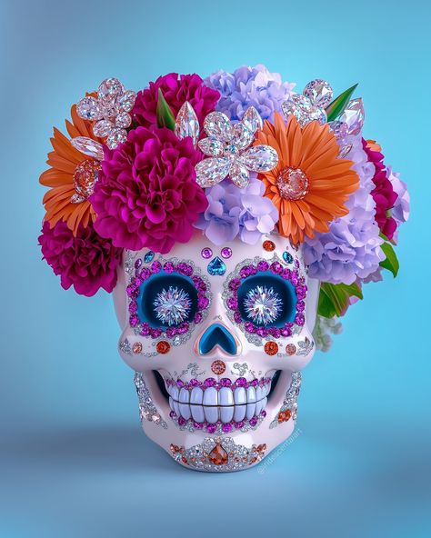 Dia De Los Muertos Sugar Skull Vases 💀🌼🏵️✨🩵- More October themed art coming soon 🩷 #diadelosmuertos #sugarskull #sugarskulls #IridescentAIArt #IridescentArt #iridescent Mexican Sugar Skull, Dia De Muertos, Sugar Skull, Coming Soon, Sketch Book, Sketch, Vase, Halloween, Quick Saves