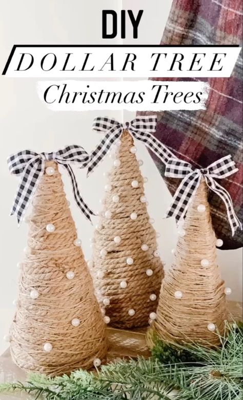 Christmas Ornaments Tree Diy, Dollar Tree Xmas Decor Diy, Winter Dollar Store Crafts, Dollar Tree Farmhouse Christmas Diy, Easy Dollar Tree Crafts Christmas, Dollar Tree Christmas Tree Decorations, Christmas Tree Decor Diy Ideas, Diy Decorative Christmas Trees, Diy Twine Christmas Tree