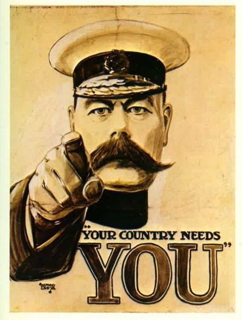 WW1: The famous Lord Kitchener recruiting poster reminding the lads that their king and country need them. Much imitated in later years, the poster has acquired iconic reputation. Recruitment Poster, Magic Garden, Bar Wall Decor, Shabby Chic Vintage, Propaganda Posters, Stargate, Lorde, Dieselpunk, Semarang