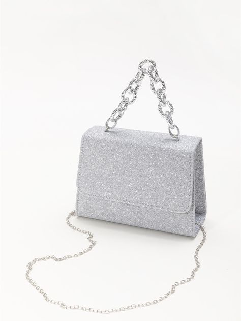 Silver Glamorous   Glitter Plain Square Bag Embellished   Women Bags Silver Bag, Chubby Fashion, Glitter Decor, Silver Bags, Chain Top, Plus Size Fashion For Women, Curvy Outfits, Evening Clutch, Square Bag