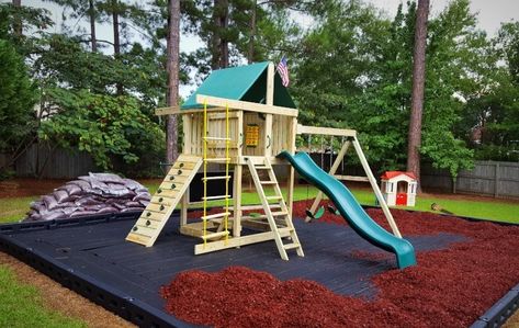 Landscaping Under Swingset, Sandbox Around Playset, Swingset Landscaping Rubber Mulch, Playset Border Ideas, What To Put Under Playset, Under Playset Ideas, Diy Playground Border, Playground Backyard Landscaping, Playset Landscaping