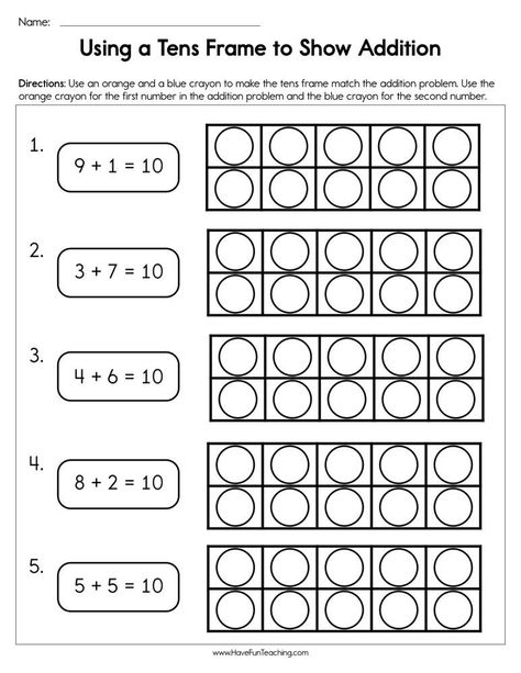 Ten Frame Worksheets for Kindergarten Using A Tens Frame to Show Addition Worksheet Ten Frame Addition, Frame Addition, Ten Frames Kindergarten, Tens Frame, Kindergarten Math Worksheets Addition, Addition Worksheet, Kindergarten Math Free, Basic Sight Words, Kindergarten Addition Worksheets