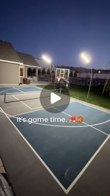 Christine Gummersall - DIY & Home on Instagram: "It’s game time, now ANYTIME! 🏓🏀. Comment PICKLEBALL for a link to the full tutorial, supplies, and these sweet lights.

Tutorial: how to epoxy surface a pickleball court:  honeybuilthome.com/diy-pickleball-court-in-your-backyard

Lights are from Alta-light.com use code HONEYBUILTHOME10 for 10% off" Diy Pickleball Court, Pickleball Court Backyard, Backyard Pickleball Court, Backyard Lights, Pickleball Court, Backyard Lighting, Instagram Tutorial, Game Time, Pickleball