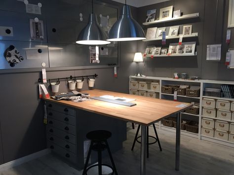 Ikea craft room idea Masculine Craft Room, Art Room Office Combo, Black Craft Room, Project Room, Art Studio Office Combo, Dark Craft Room, Ikea Computer Desk, Basement Craft Rooms, Craft Room Tables