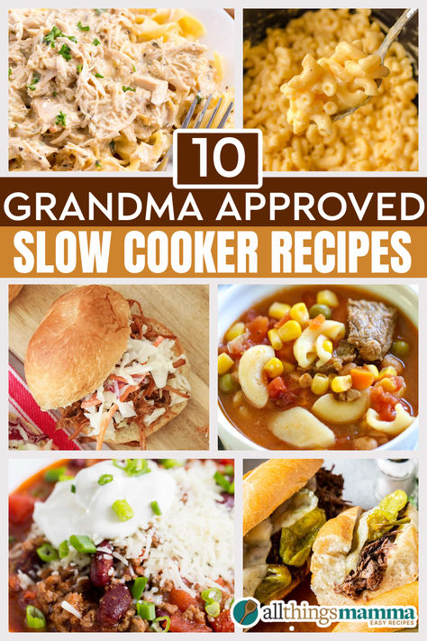 Collage of comforting slow cooker recipes including soups, roasts, and hearty dishes, with the title “10 Grandma-Approved Slow Cooker Recipes.” Overnight Crockpot Dinner Recipes, Grandmas Crockpot Recipes, Fun Easy Crockpot Meals, Small Batch Slow Cooker Recipes, Slower Cooker Recipe, Crockpot Meals Soup, Slow Cooker Family Meals, Crockpot Meals For A Crowd, Slow Cooker Recipes Uk