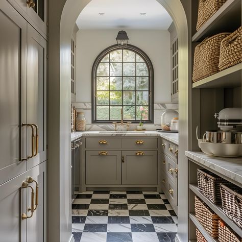 A dream pantry! I love the checkerboard marble flooring in here, and the greige cabinets are a beautiful offset to the brass hardware. An arched window moment is always a beautiful addition, and I love the repetition of the arch from the walkway to the window. ✨ AI Design: @oakhavendesignco . . . . . . . . . . #virtualdesign #virtualdesignservices #edesign #pantry #virtualhomedesign #moodboards #luxeathome #visionboards #prettylittleinteriors #interiorstyle #marble #smmakelifebeautiful #hou... Archway Pantry, Arch Window In Kitchen, Arched Pantry Door, Greige Cabinets, Dream Pantry, To The Window, Marble Flooring, Virtual Design, The Arch