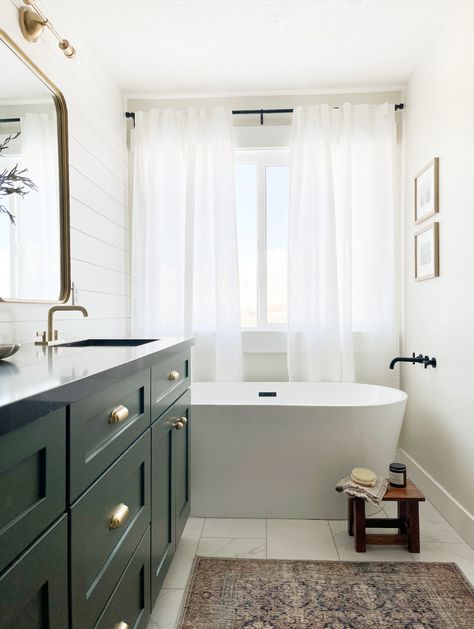 Master Bathroom Reveal: What we DIYed vs Hiring Out & Why - madam andrews Green Cabinet, Bath Makeover, Sink Lights, Transitional Bathroom, Floor Remodel, Old Cabinets, Bath Cabinets, Bathroom Remodel Designs, Green Cabinets